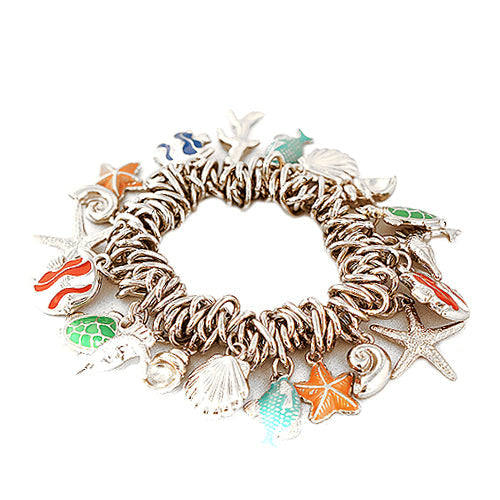 Fish Turtle and Sea horse Gold Stretch Charm Bracelet 