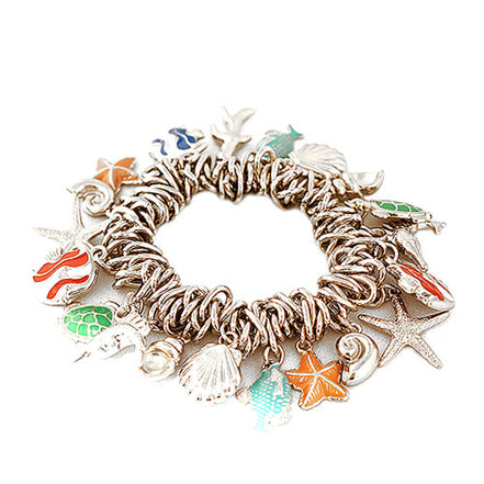 Fish Turtle and Sea horse Gold Stretch Charm Bracelet 