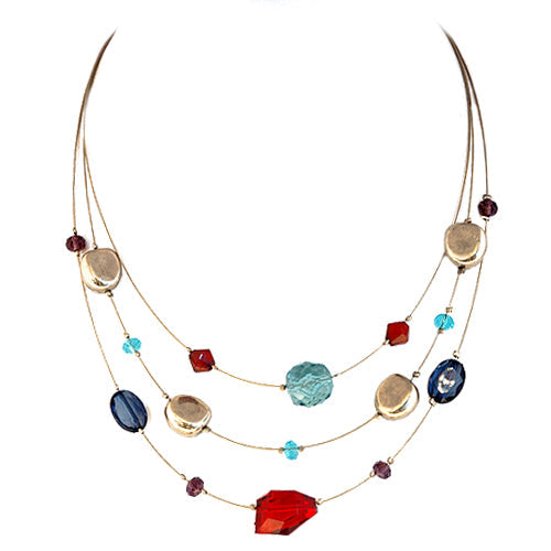 Multi Color Mixed Cut Beads Three-Strand Gold Illusion Necklace 