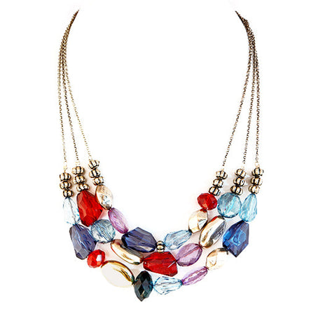 Multi Color Mixed Cut Beads Three-Strand Gold Necklace 