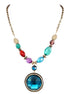 Turquoise Glass Crystal Round Pendant with Multi Beads Gold Chain Necklace 