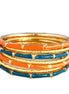 Teal and Coral Mixed Enamel Bamboo Design with Gold Textured Bangles Set of 7pcs