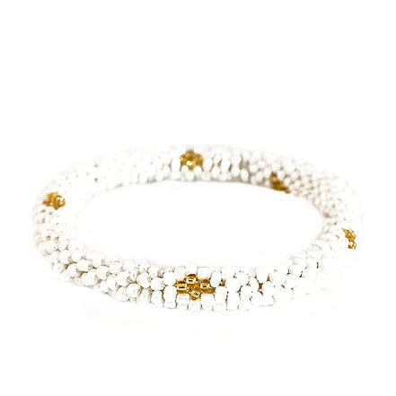 White and Gold Mixed Hand beaded Roll on Bracelet 