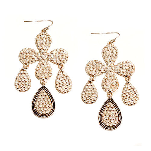 Pebble Pattern Four Leaf Flower with Teardrop Dangle Gold Earring