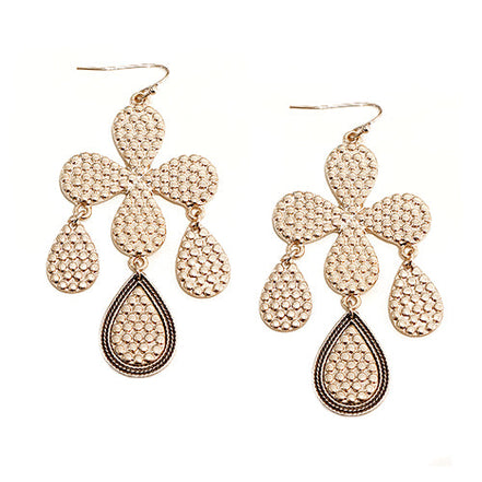Pebble Pattern Four Leaf Flower with Teardrop Dangle Gold Earring