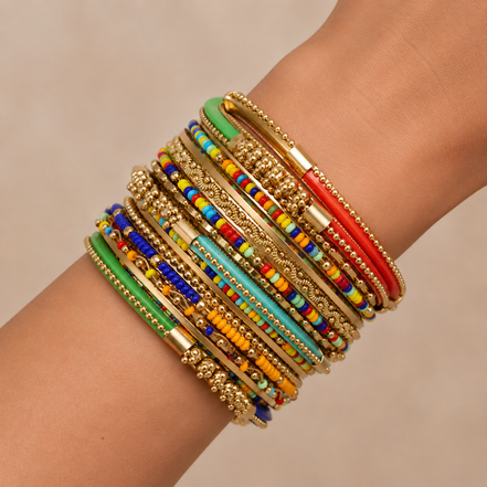 Indian Style 16-Piece Multicolor Gold Tone Bangle Bracelet Set – 2.6" Diameter | Boho Ethnic Stackable Bangles for Women #BNG-20444_HALF-G-MLT (RC27)