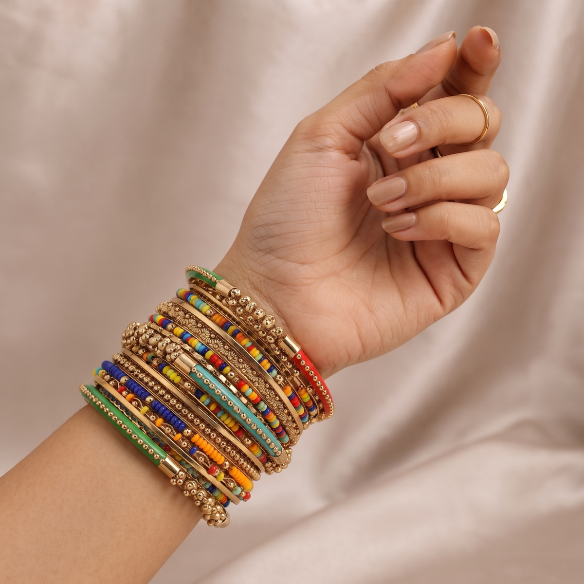 Indian Style 16-Piece Multicolor Gold Tone Bangle Bracelet Set – 2.6