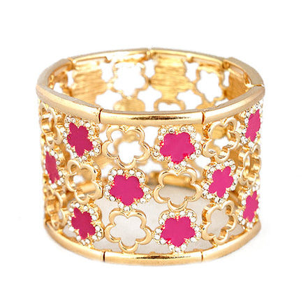 Fabulous Fuchsia Five Leaf Flower with Rhinestone Gold Stretch Thick Bracelet  