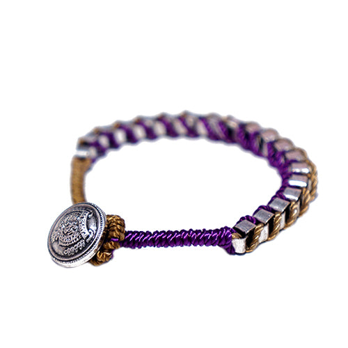 Purple and Brown Mixed Cotton String with Silver Metal Chain Button Bracelet