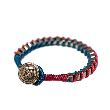 Fuschia and Blue Mixed Cotton String with Silver Metal Chain Button Bracelet