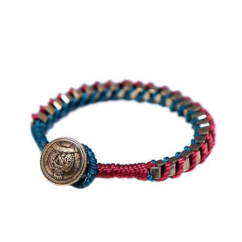 Fuschia and Blue Mixed Cotton String with Silver Metal Chain Button Bracelet