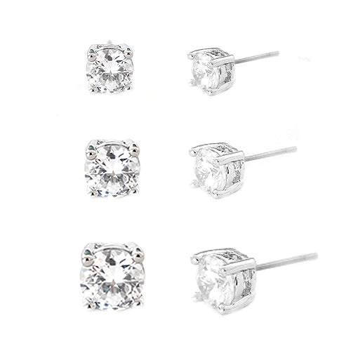 60mm, 70mm, 80mm  Simple Round Clear Glass Crystal  Silver Earrings Set of 3pcs