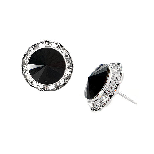 Approx. Size: 15mm Jet Glass Crystal with Clear Rhinestone Silver Stud Earrings 
