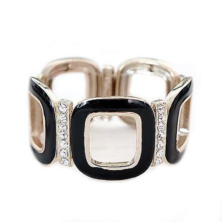 Black Square Enamel with Rhinestone Gold Stretch Bracelet