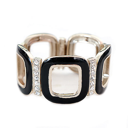 Black Square Enamel with Rhinestone Gold Stretch Bracelet