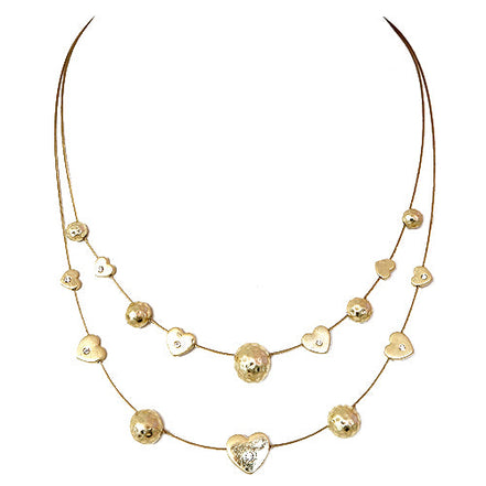 Gold Heart and Hammered Bead with Rhinestone Illusion Necklace