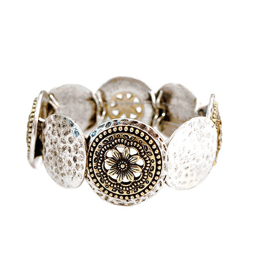 Gold Flower Carved and Silver Hammered Medal Stretch Bracelet