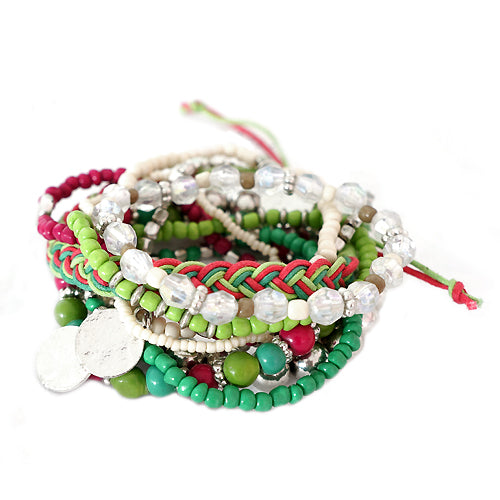 Green and Fuchsia Mixed Multi Stretch Bracelet