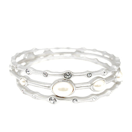 Classic Pearl and Rhinestone with Matt Silver Bracelet Set of 3pcs