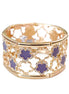 Five Leaf Purple Flower with Rhinestone Two Line Gold Stretch Bracelet