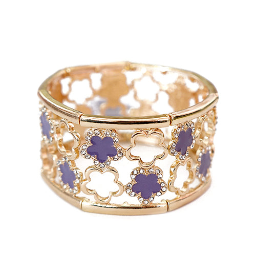 Five Leaf Purple Flower with Rhinestone Two Line Gold Stretch Bracelet