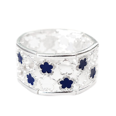 Five Leaf Blue Flower with Rhinestone Two Line Silver Stretch Bracelet