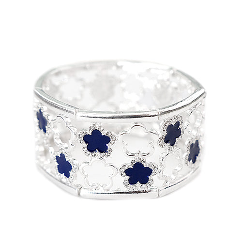 Five Leaf Blue Flower with Rhinestone Two Line Silver Stretch Bracelet