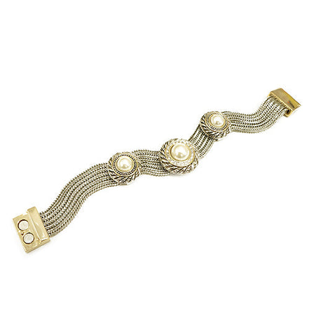 Glass Pearl with Rhinestone Two-Tone Cable Wrap-around Magnetic Cable Bracelet