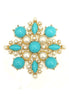 Turquoise and Pearl Bead Blossom Flower Gold Pin