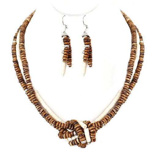 Brown and Natural Beaded Twist Necklace and Earrings Set