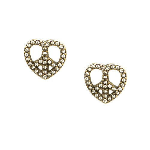 Clear Rhinestone Heart with Peace Sign Gold Stud Earrings