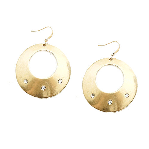 Open Round with Rhinestone Matt Gold Earrings