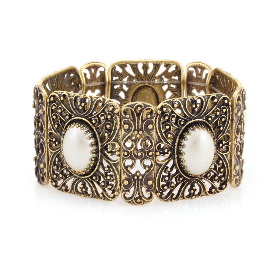 Gold-Tone Metal Filigree Design Mop Stretch Bracelets