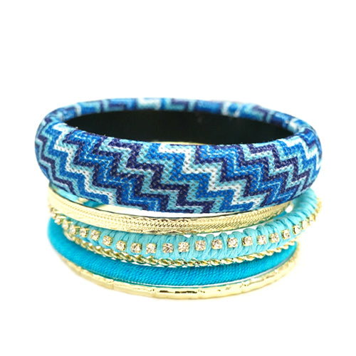 Blue Mixed Chevron Cotton with Gold Bangles Set of 7pcs 