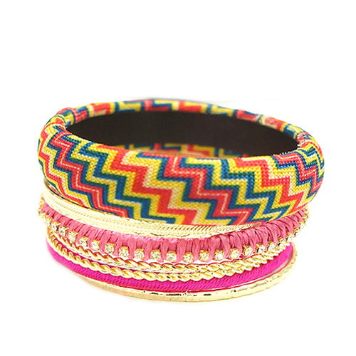 Rose Mixed Chevron Cotton with Gold Bangles Set of 7pcs 