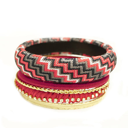 Red Mixed Chevron Cotton with Gold Bangles Set of 7pcs 