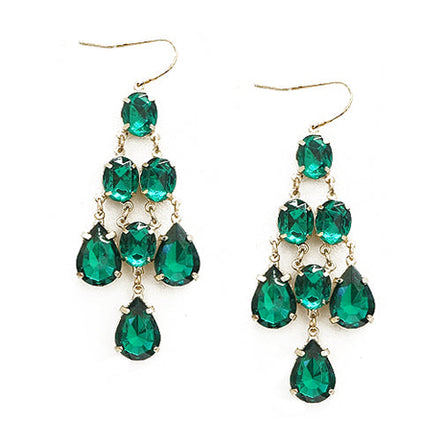Green Teardrop Glass Bead Gold Chandelier Earrings