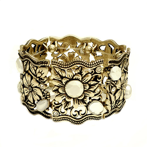 Pearl and Rhinestone Bead Gold Beautiful Flower Stretch Bracelet