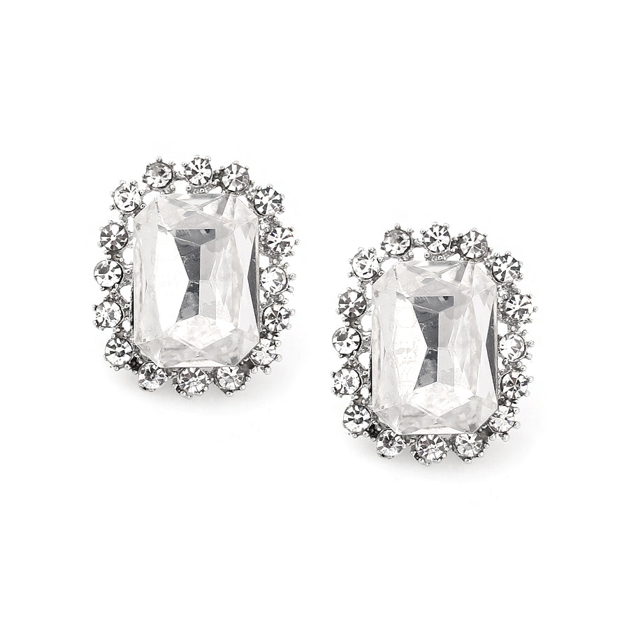 Silver-Tone Metal White Crystal Earrings
