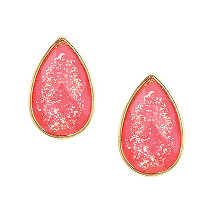 Pink Glitter Glass Bead Gold Teardrop Earrings 