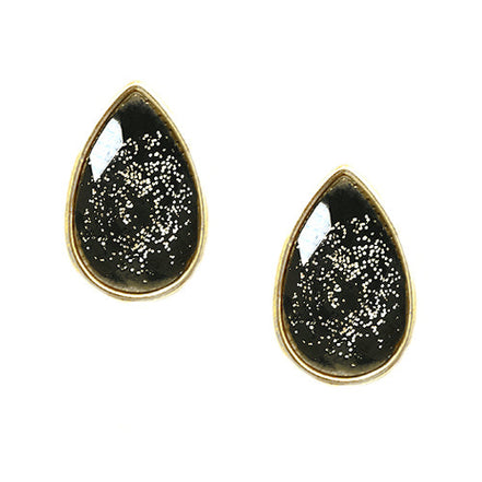 Black Glitter Glass Bead Gold Teardrop Earrings 