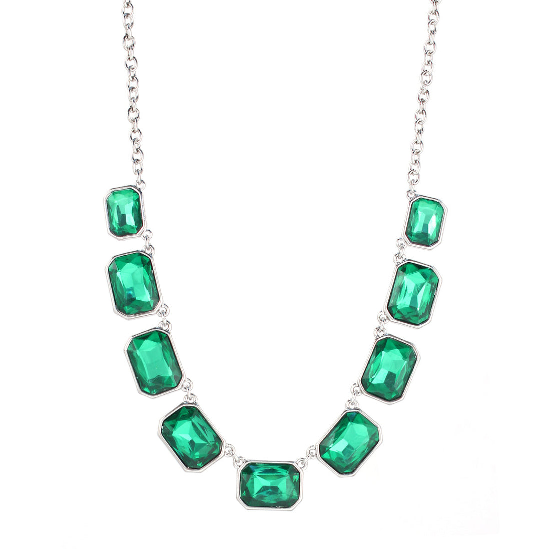 Silver-Oxide Tone Green Crystals Necklae