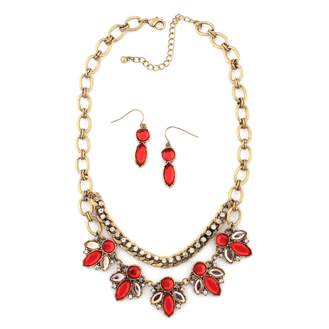 Gold-Tone Metal Coral Crystal Necklace And Earring Set