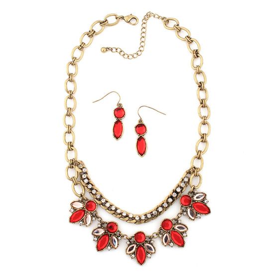 Gold-Tone Metal Coral Crystal Necklace And Earring Set