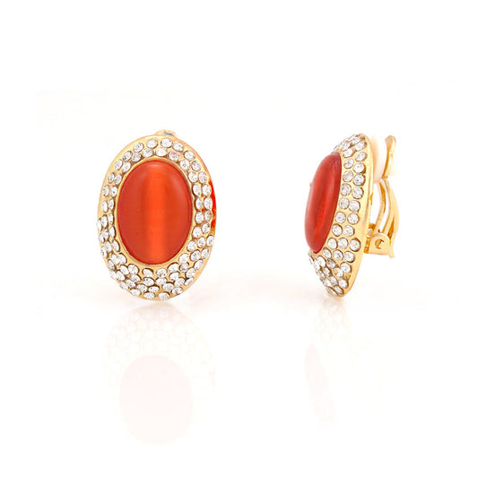 Gold-Tone Metal Crystal With Orange Acrylic Glass Stone  Earrings