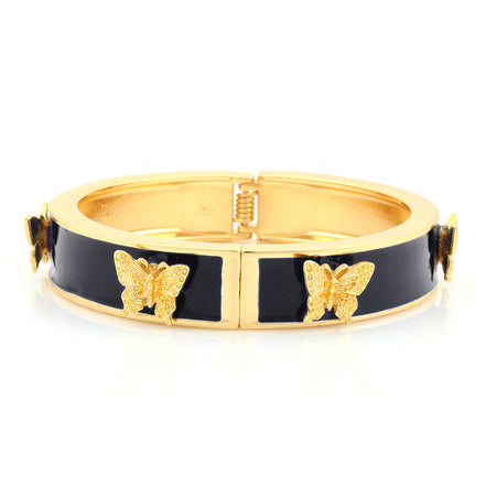Gold-Tone Metal Black Enamel Butterfly Hinged Bracelets