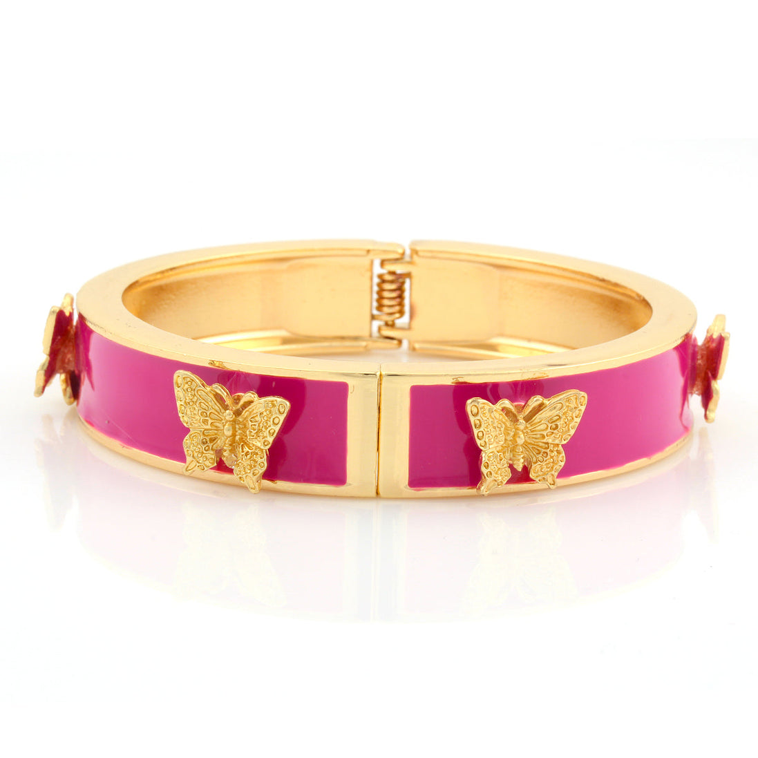 Gold-Tone Metal Fuchsia Enamel Butterfly Hinged Bracelets