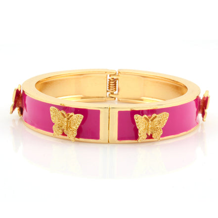 Gold-Tone Metal Fuchsia Enamel Butterfly Hinged Bracelets