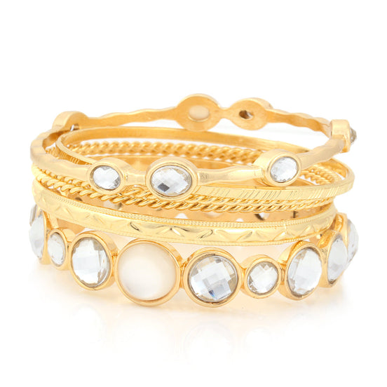 Gold-Tone Metal White Crystal Set Of 6 Bangles