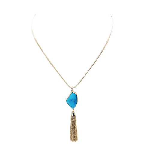 Long gold chain necklace with turquoise stone and gold tassle
